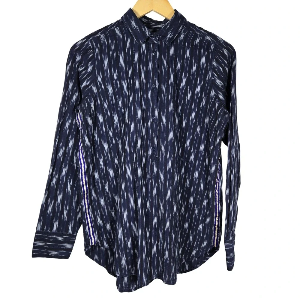 J.Crew Womens Blue Ikat Cotton Popover Shirt Side Stripe C7188 Size 6